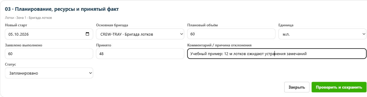 Карточка лотков: 60 метров заявлено, 48 метров принято, причина отклонения