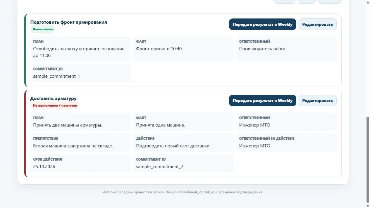 Рисунок 2. Учебная запись Daily: план, факт, препятствие и действие
